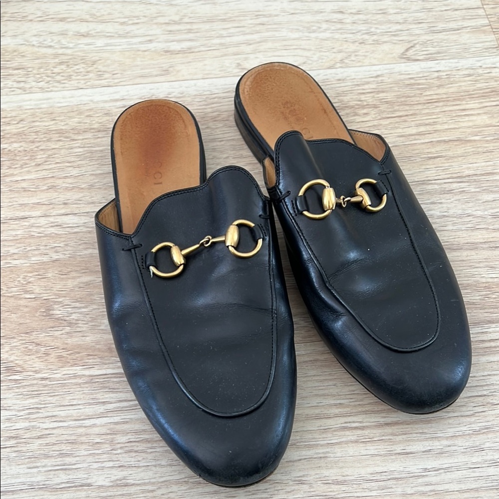 Black Leather Mules with Gold Detail